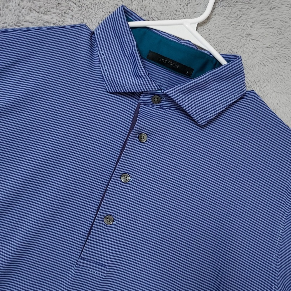 Greyson Polo Shirt Men Large Striped Purple Logo Performance Stretch Golf Preppy